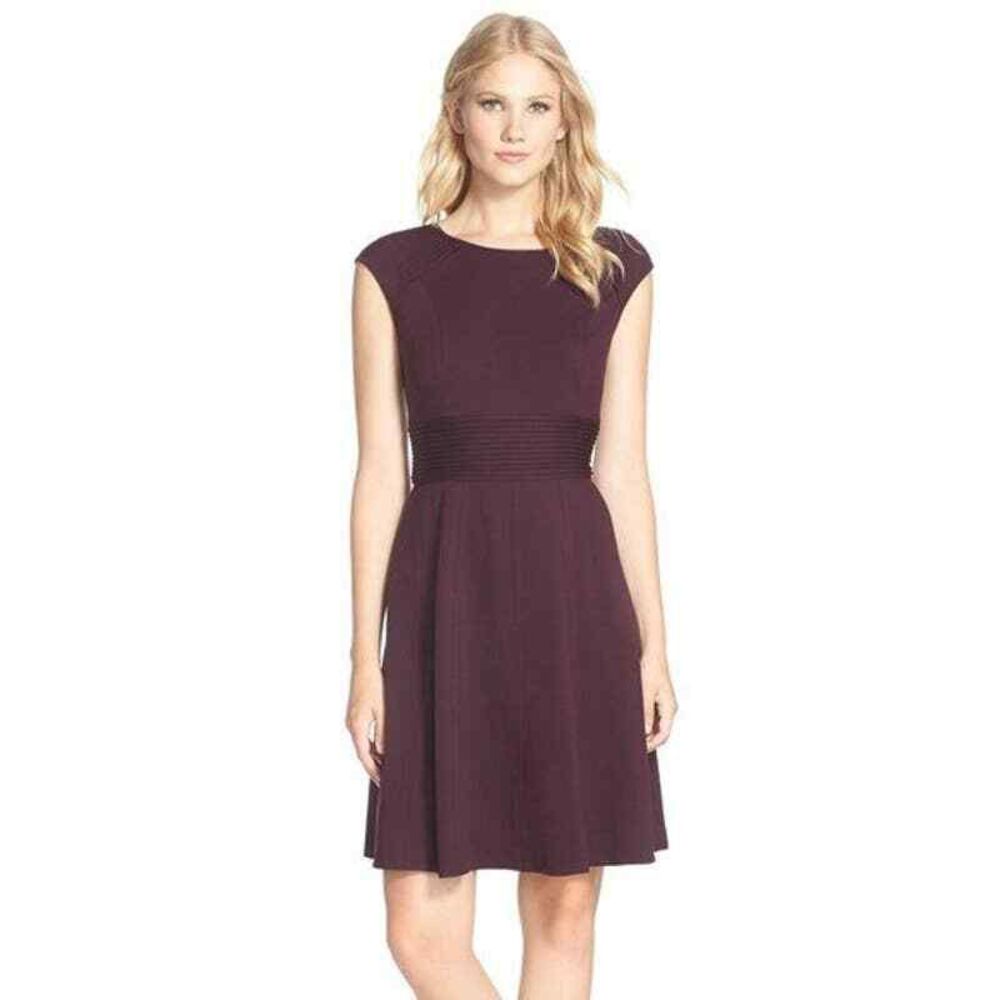 Eliza J Plum Pintucked Waist Seamed Ponte Knit Fit & Flare Dress‎ Size 8